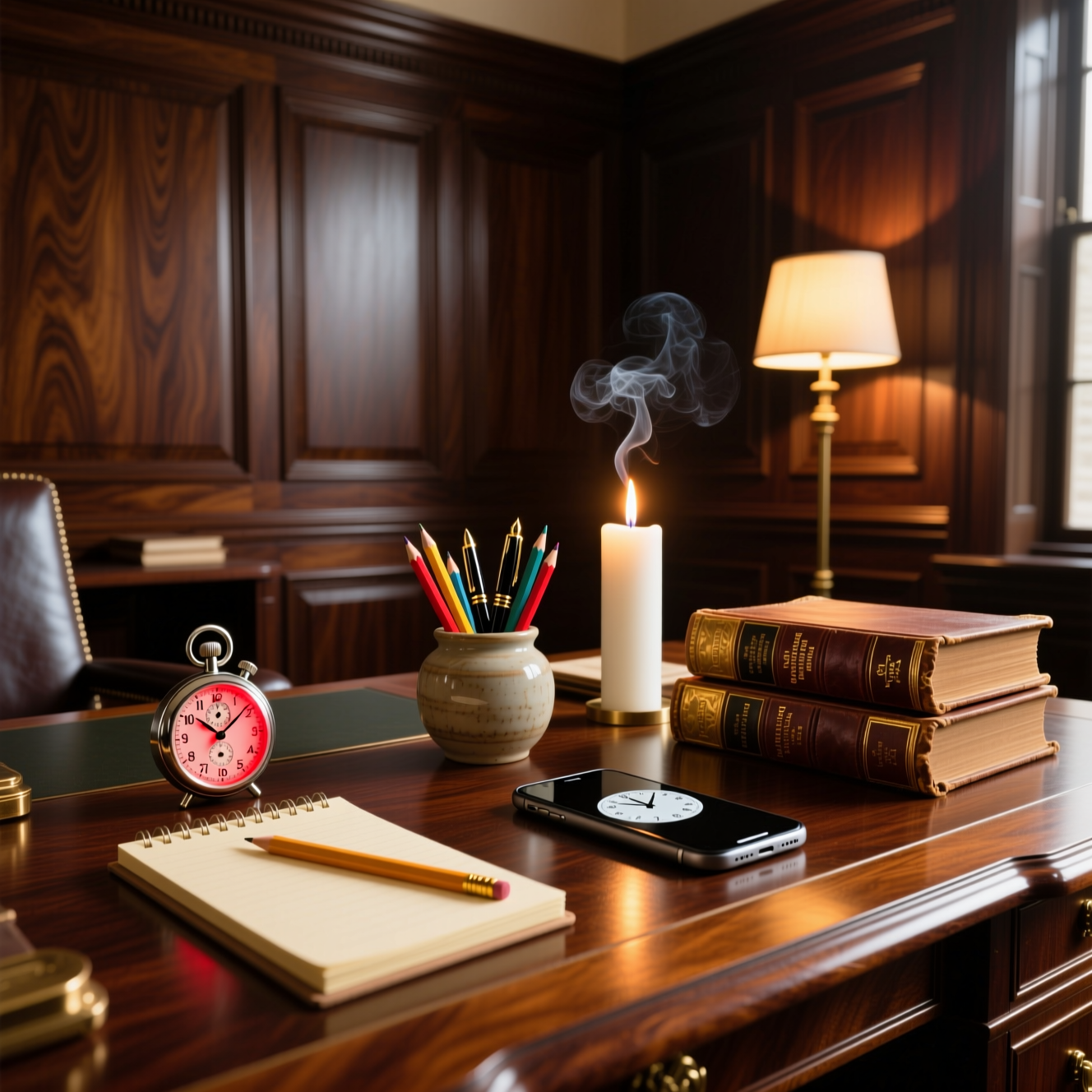 A lamplit wooden desk with candle, notebooks, clock, journals, phone and pencils.